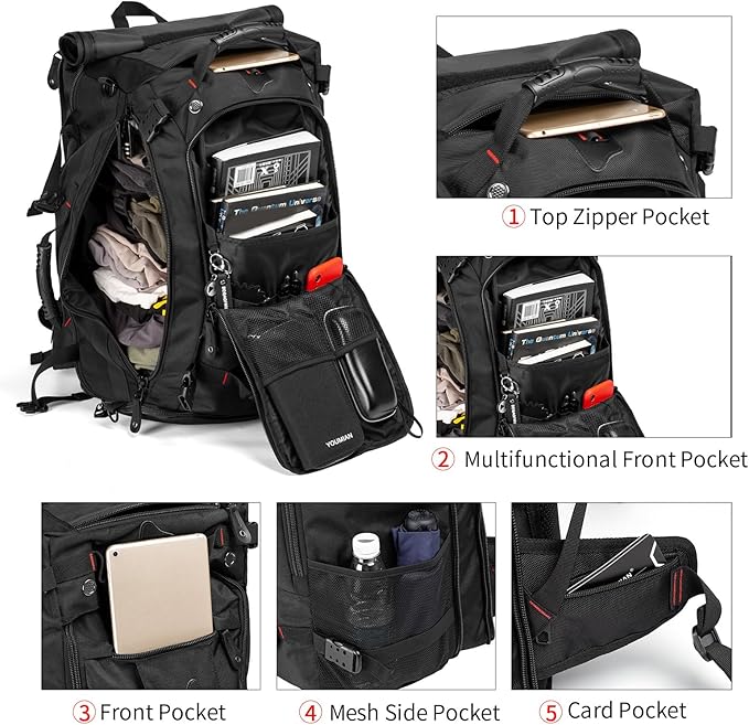 YOUMIAN Large Capacity For Travel Hiking Sports Carry On Backpack Durable Convertible Duffle Bag Laptop airplane (black 60L-Large)