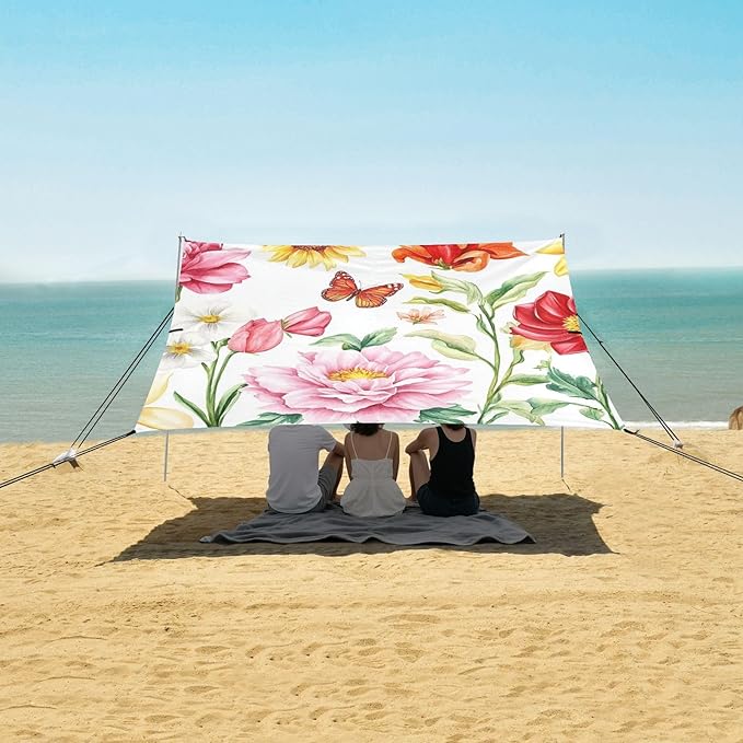 Sunflowers Camellia Peony Lilies Foldable Beach Tent UPF50+ Protection Water-Resistant Portable Sun Shelter with Sturdy Poles Sandbags and Shovel for Backyard and Camping
