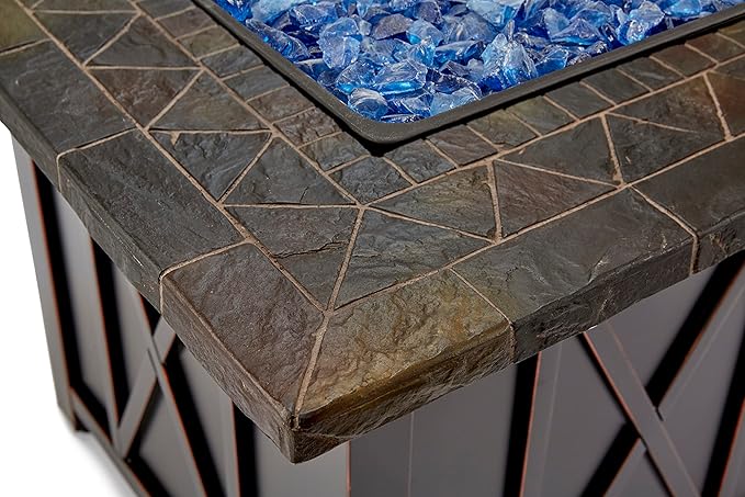 Endless Summer 30 Inch Square 30000 BTU Liquid Propane Gas Outdoor Fire Pit Table w/Push Button Ignition Blue Fire Glass &amp Steel Fire Bowl Bronze