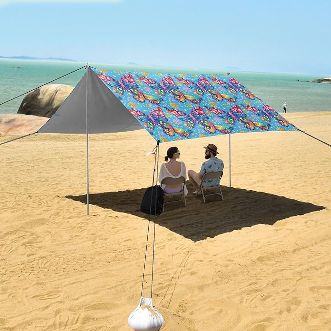 ALAZA Rainbow Butterfly Beach Tent Sun Shelter UPF50+ Protection Beach Shade Canopy w/ 4 Sandbags for Outdoor Camping Fishing Backyard Fun Picnic 10x9 ft