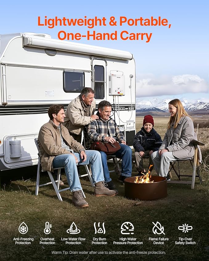 VEVOR Portable Propane Water Heater 5L Tankless Outdoor Water Heater 34000 BTU 1.32 GPM Instant Hot Water with Accessory Set + Regulator +Water Pump for RV Camping Trips Cabins Barns