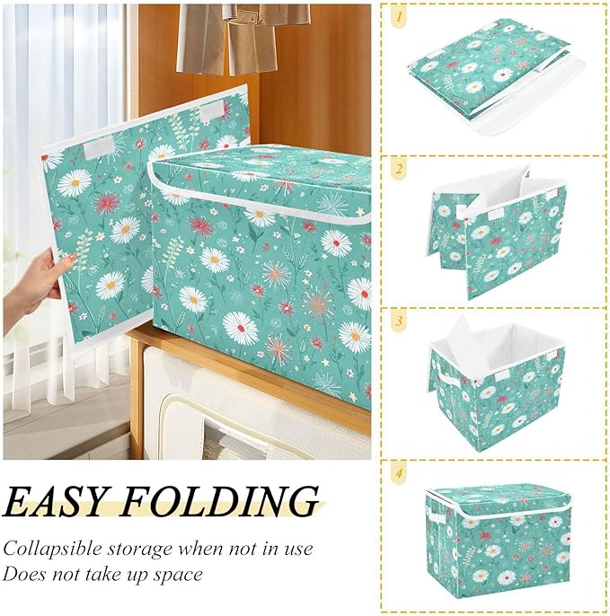 Storage Bins With Lid Stackable Fabric Closet Organizer Clothing Storage Large Boxes For Closet Shelves Bedroom Turquoise Daisy Flower Herb