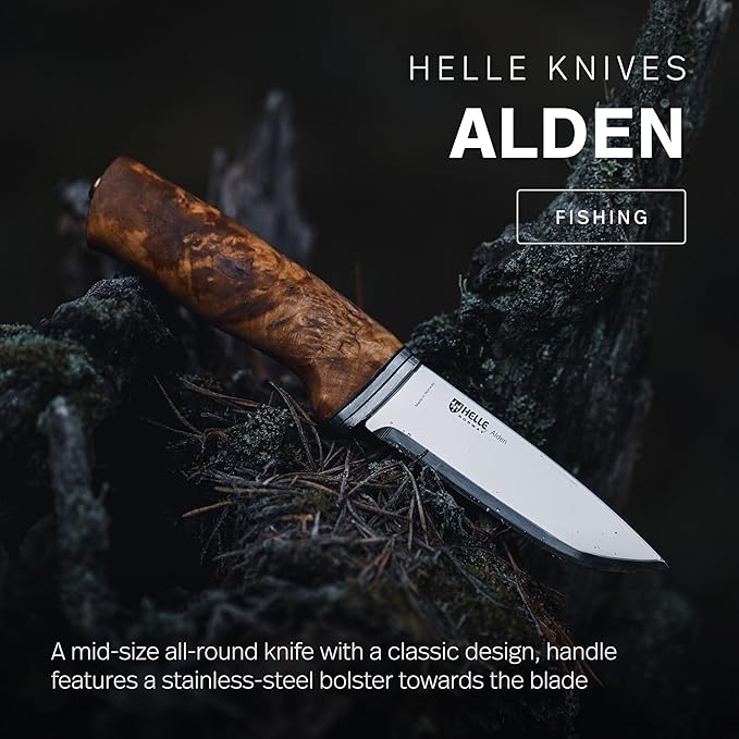HELLE Knives - Alden - Outdoor Fishing Knife Stainless Steel Drop Point Blade Curly Birch Handle Fixed Blade With Sheath Handcrafted