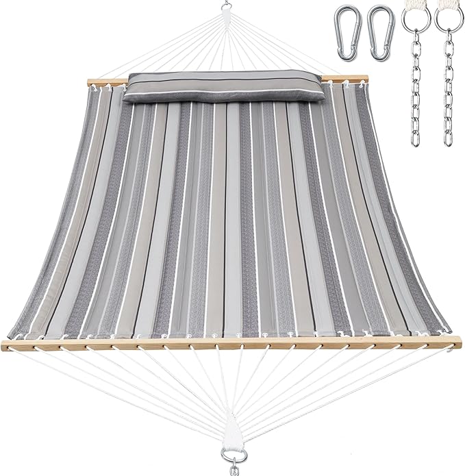 GAFETE Hammock 2 Person Quilted Fabric Hammocks for Outside Double 12ft Hammocks with Spreader Bar Large Removable Pillow Storage Bag Carabiners Max 475 lbs Capacity (Peace Dove Grey)