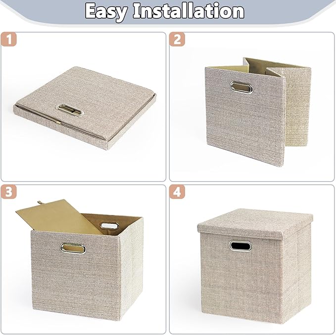 Storage Bins with Lids13 x 13 Inch Foldable Fabric Cube Baskets Boxes Organizer for Closet Shelves and Home. (Khaki (13x13) 4 pack)