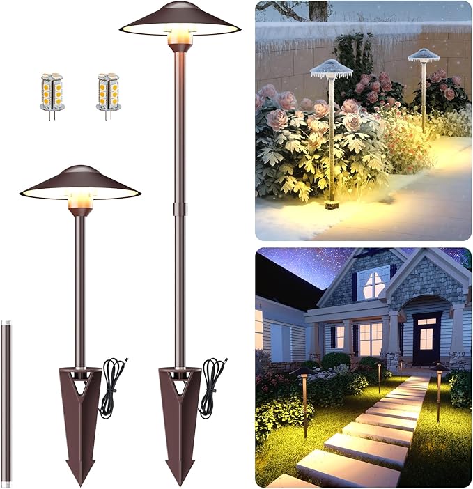 Low Voltage Landscape Path Lights Aluminum Pathway Area Light Replaceable 3W Warm White G4 LED Bulb Extended Pole and Stake Included for Low Voltage Landscape Lighting 2-Pack