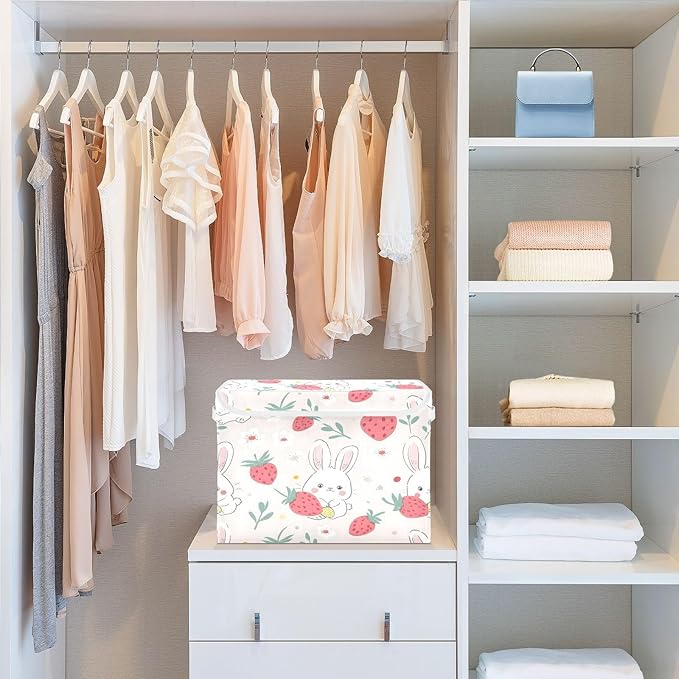 Rabbit Strawberry Large Collapsible Storage Bins with Lids Easter Storage Baskets Organizer Containers with Handles for Nursery Clothes Toys