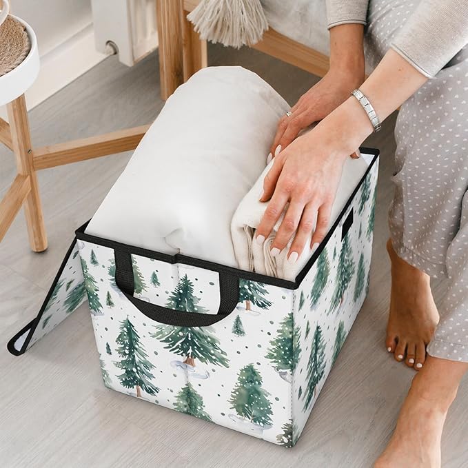 Christmas Tree Storage Basket with Lid Winter Xmas Foldable Storage Box Fabric Storage Bins with Carrying Handles for Home Bedroom Closet Organization