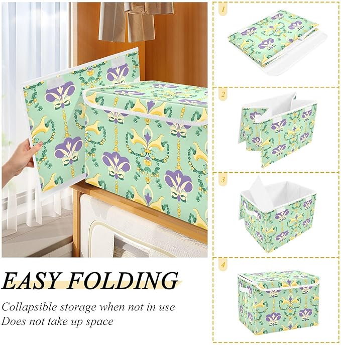 Mardi Gras Storage Baskets with Lids Collapsible Bins Stackable Fabric Linen Baskets Closet Organizer Container for Decorations 16.5x12.6x11.8