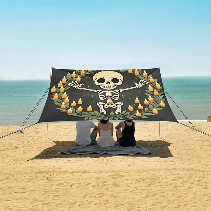ALAZA Cute Skeleton Skull Beach Tent Sun Shelter UPF50+ Protection Beach Shade Canopy w/ 4 Sandbags for Outdoor Camping Fishing Backyard Fun Picnic 10x9 ft