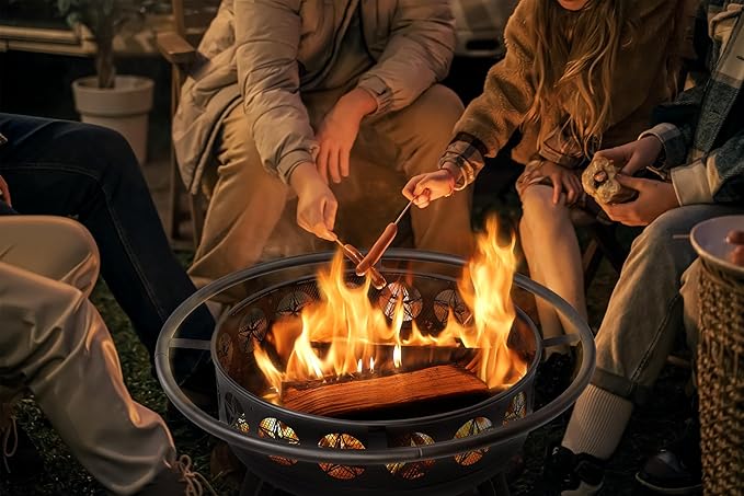 32 Inch Fire Pit with Swivel Cooking Grate3-in-1 Wood Burning Firepit with GrillOutdoor Fire Pits Table with Metal Lid and Poker for Outside Patio Backyard BBQ Bonfire Camping (32 Inch)