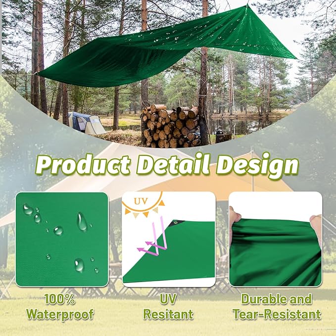 Green Tarp 10x12 FT Heavy Duty PVC 10.6 Mil Waterproof Cover UV Resistant &amp Tear Proof with Brass Grommets for Truck Boat Camping Patio Outdoor Shelter