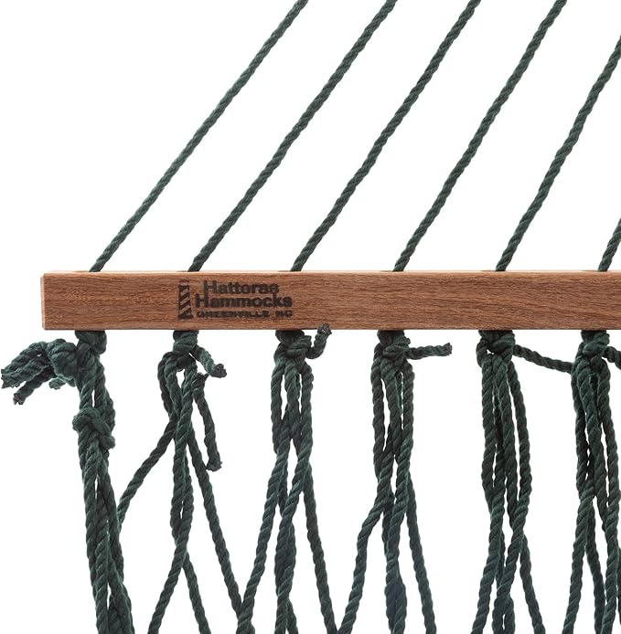 Hatteras Hammocks Small Green DuraCord Rope Hammock – 11 ft. x 45 in. 450 lb Capacity Cumaru Spreader Bar Zinc-Plated Hardware Handcrafted in The USA