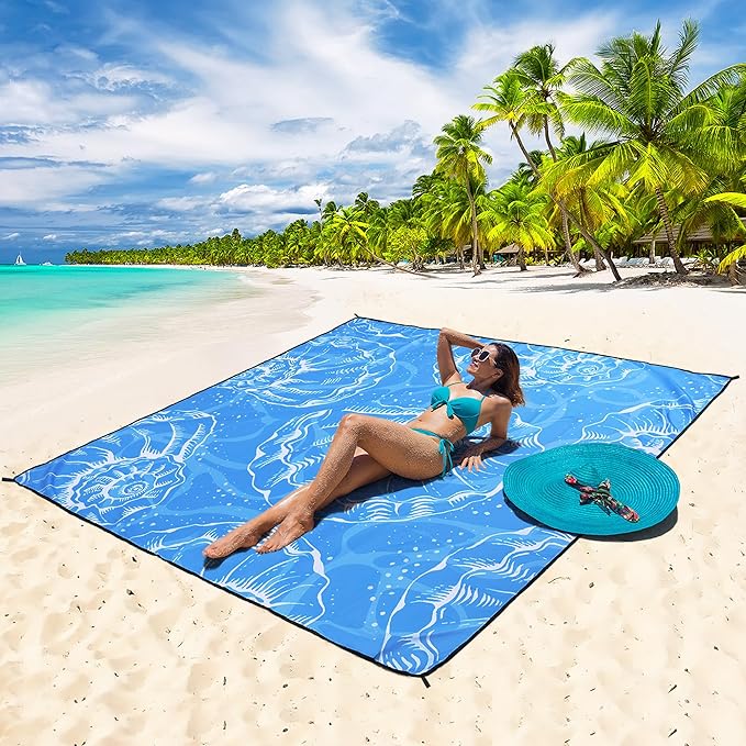 Beach Blanket Waterproof Sandproof Beach Mat 79 X 83/10'x9'for 2-8 Adults Quick Drying Outdoor Picnic Mat Beach Accessories for Travel Camping Hiking