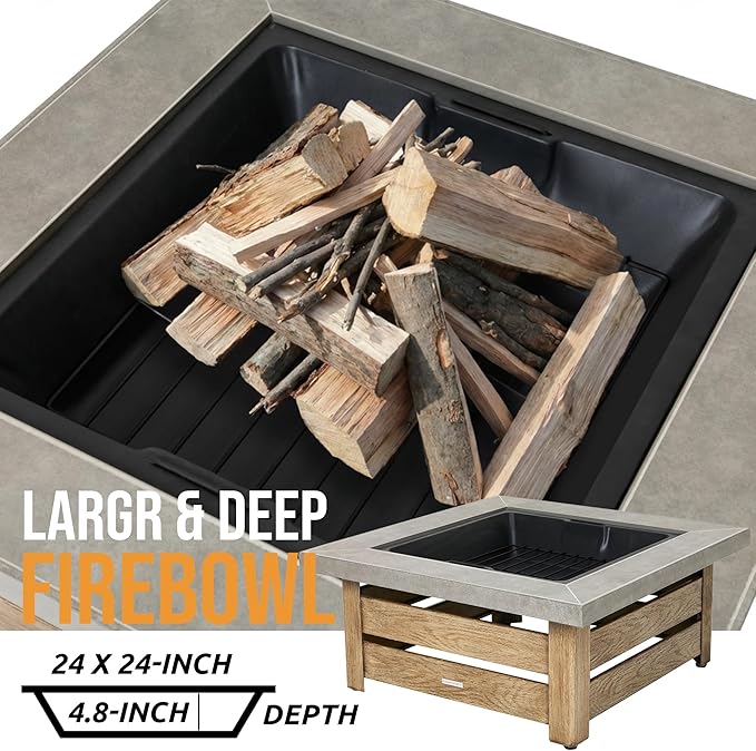 WILDMOS Firepits for OutsideWood Burning Fire Pit with Wood-Grain Side PanelsFirepit for Outside with Mesh Cover &amp Fire PokerSquare Modern Outdoor Fireplace Fire Table. (Countryside)