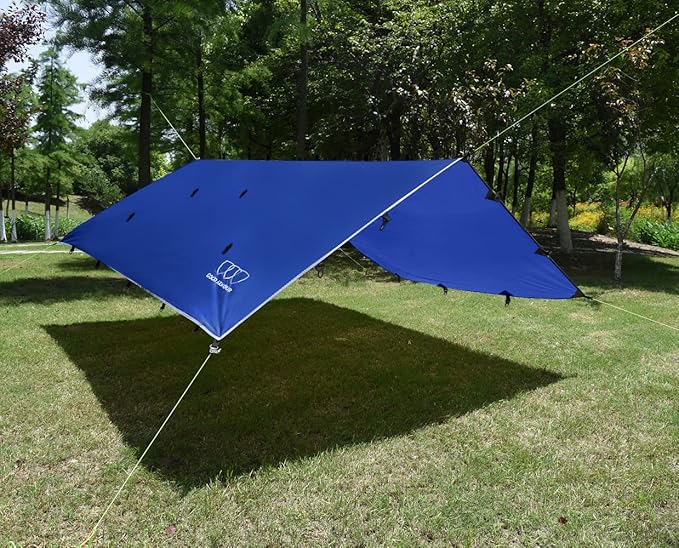 Gold Armour Rainfly Tarp Hammock Premium 14.7ft/12ft/10ft/8ft Rain Fly Cover Waterproof Ultralight Camping Shelter Canopy Survival Equipment Gear Camping Tent Accessories (Blue 14.7ft x 12ft)