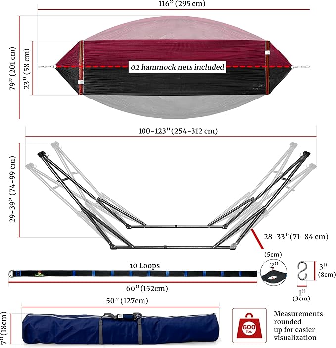 Tranquillo Combo x2 Hammocks with Stand for Outside &amp Tree Straps Heavy Duty Hammock with Stand 600lbs for Indoor Outdoor Patio Backyard x2 Hammocks for 2 Person (Combo - Red Medium)