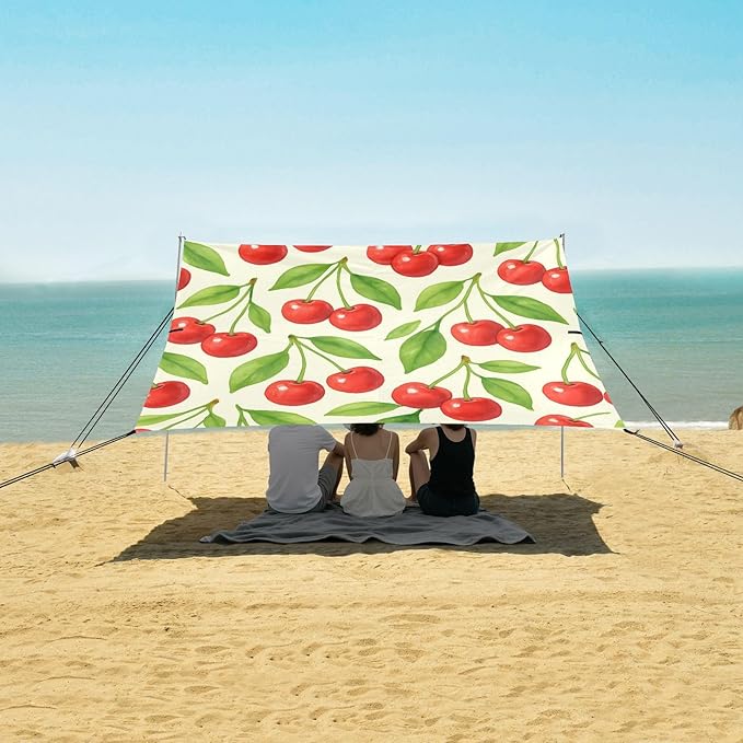 xigua Cherry Beach Tent Sun Shelter with Carrying Bag - Silver Coated Oxford Fabric Beach Canopy for Beach Camping Fishing - Includes Windproof Ropes Sandbags &amp Stakes