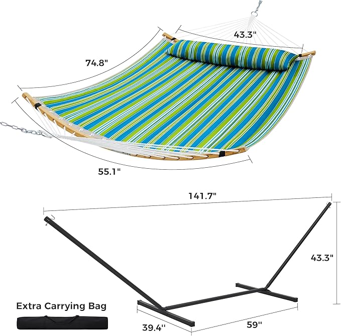 SUPERJARE Curved-Bar Hammock with Stand 2 Person Heavy Duty Hammock Frame Detachable Pillow &amp Portable Carrying Bag Perfect for Outdoor &amp Indoor Thin Blue and Green Stripes