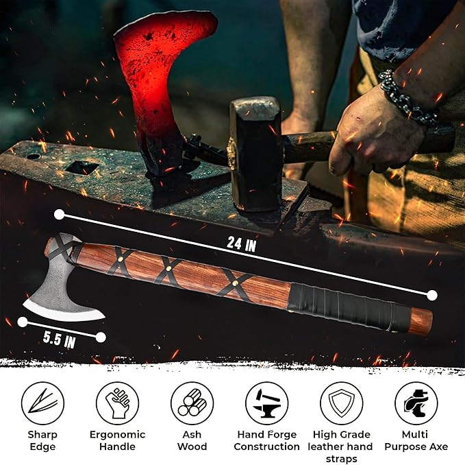 22-Inch Hand-Forged Viking Axe with Sheath Hatchet with Sheath Gift for Men Survival Axe Viking Bearded Camping Axe Ragnar Lothbrok Axe Viking Knives Best Gift Axe (Brown)