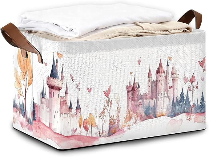 Forest Castle Storage Bin with Handles Basket Storage Organizer for Shelves Closet Nursery Book Laundry Hamper &amp Home Decor