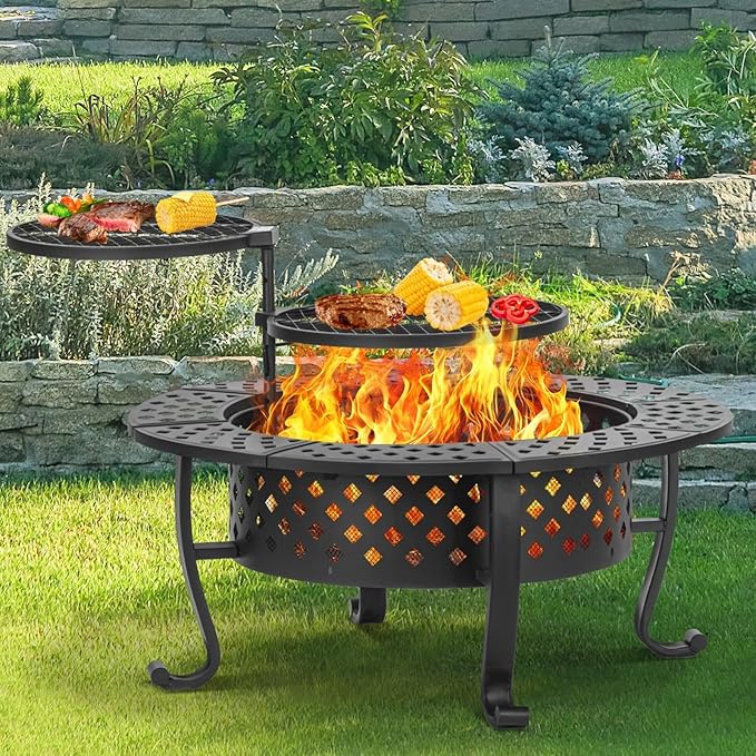 Panovue 42 Inch Fire Pit with 2 BBQ Grills Wood Burning Fire Pits for Outside with Lid &amp Fire Poker BBQ&amp Outdoor Firepit &amp Round Metal Table 3 in 1 for Patio Picnic Party