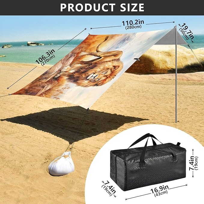 ALAZA Lion in Field Beach Tent Sun Shelter UPF50+ Protection Beach Shade Canopy w/ 4 Sandbags for Outdoor Camping Fishing Backyard Fun Picnic 10x9 ft