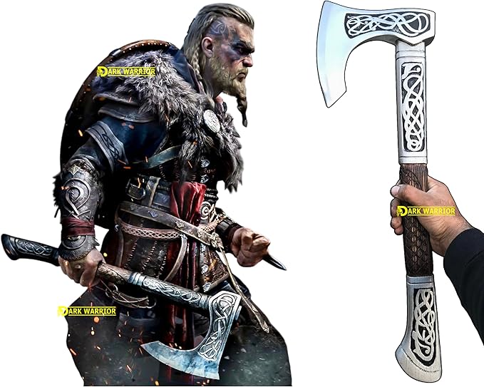 [DARK WARRIOR] Authentic Medieval Assassin's Creed Valhala Viking Battle Eivor AxeFully Functional Hand Forged Carbon Steel with Engraving Wood Shaft Personalised Gift for Viking &amp Gaming Lovers