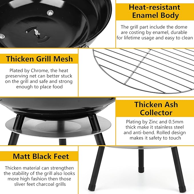 14Inch Portable Outdoor Charcoal Grill Leonyo Small Tabletop BBQ Charcoal Grill Enamel Coated for Backyard Cooking Camping Picnics Garden Beach Black