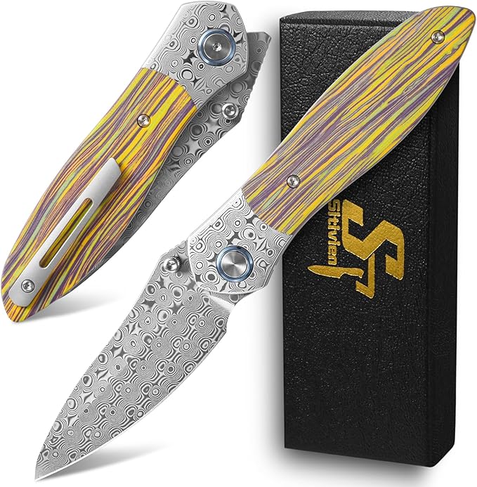 Sitivien ST273 Damascus Steel Blade Folding Knife Colorful G10 &amp Damascus Handle with Ball Bearing for Outdoor Camping Hiking Fishing (Wood grain)