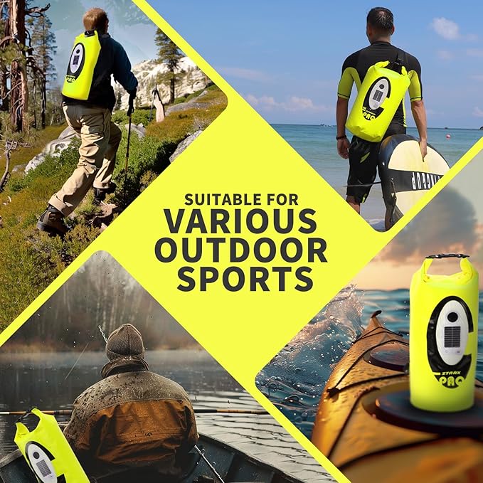 FELICON Solar/Battery Multi-Functional Backpack with Bluetooth SpeakerIP66 Waterproof Dry BagHeavy Duty Roll Top ClosureLarge Capacity Bag for CampingHikingTraveling (Neon Yellow 10L)