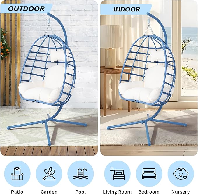 Hanging Egg Chair with Stand Outdoor Indoor Patio Rattan Swing Hammock Chairs with Washable Cushion 350lbs Capacity PE Wicker Swing Chair for Backyard Bedroom Garden (Blue + White Cushion)