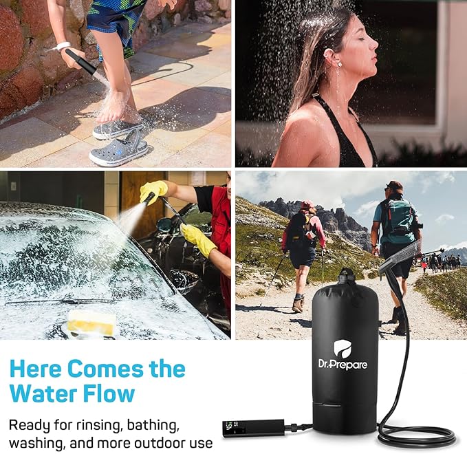 DR.PREPARE Portable Shower for Camping 4 Gallons/15L Camping Shower Bag Portable Outdoor Shower with Rechargeable Pump for Camping Beach Hiking Climbing Pet Cleaning