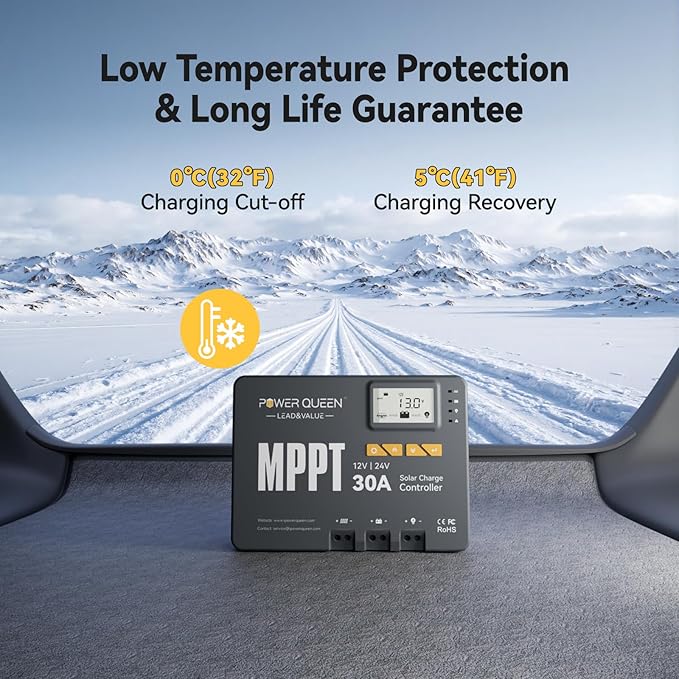 Power Queen 30 Amp MPPT 12V/24V Solar Charge Controller with Built-in BluetoothSupport Remote MonitoringDefault for LiFePO4 Batteries and Compatible with Sealed Flooded Gel and Lead-Acid Battery