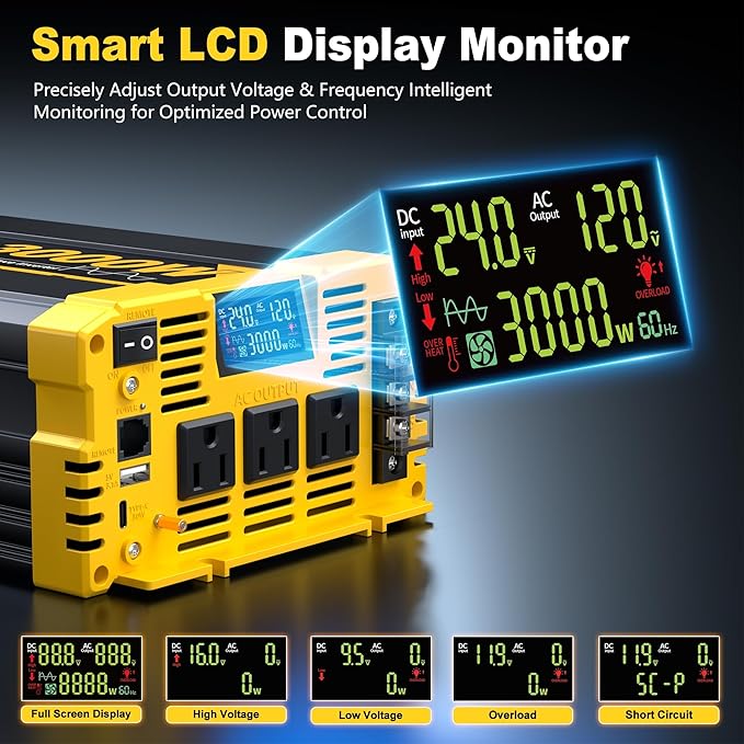 3000W Pure Sine Wave Inverter24V DC to 120V AC–Heavy Duty Power Inverter for TruckRVOff-Grid Solar EnergyElectric Drill Microwave Dishwasher and Heater with Led Display and Remote Monitoring