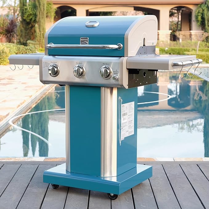 Kenmore 3-Burner Propane BBQ Grill 30000 BTUs Gas Grill with Cast Iron Cooking Grates Folding Side Tables &amp Wheels Outdoor Grill with Tool Hooks Teal
