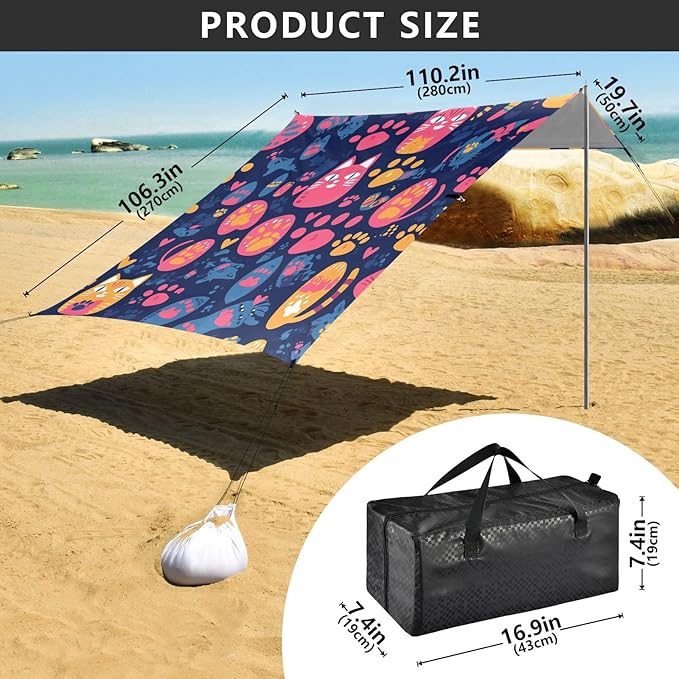 Footprint Cat Beach Canopy UPF50 Easy Setup Large Sun Shelter with Sandbags and Shovel for Camping Picnics Backyard