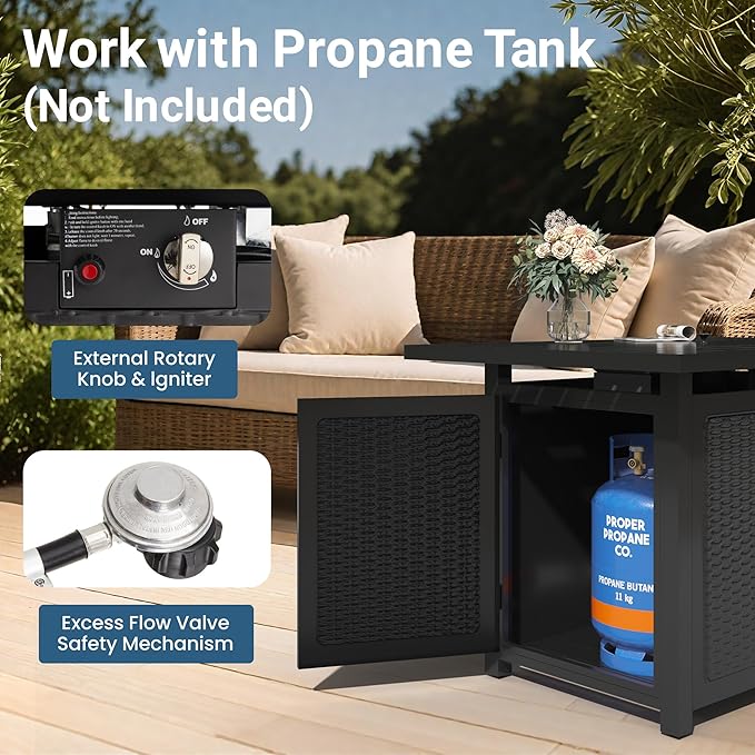43” Outdoor Propane Fire Table Set with Heavy-Duty Glass Stones Glass Wind Guard Lid &amp Water-Resistant Cover 50000 BTU Metal Fire Pit Table Rectangle Fire Pit Table for Patio Deck
