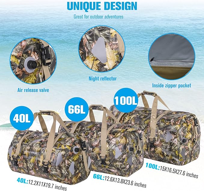 WILD HEART Waterproof Motorcycle Duffel Bag PVC500D Double-bottom With Rope Straps and Inner Pocket 40L 66L 100L for Kayaking Camping BoatingMotorcycle