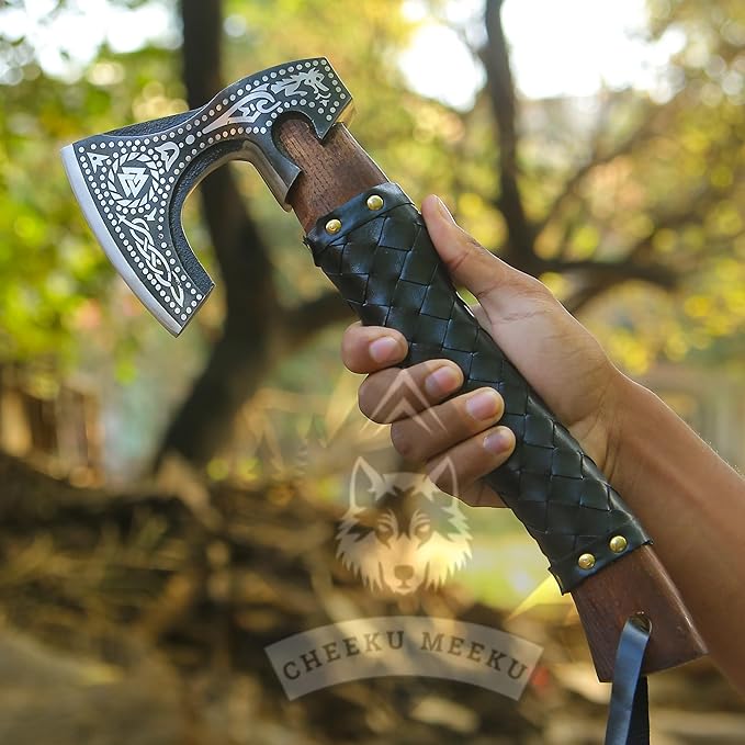 Custom Handmade Carbon Steel Real Viking Axe HatchetCamping Axe Birthday Gift for him Leather Wrapped Handle and Leather Sheath ((FM 19))