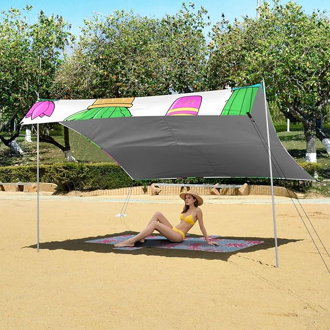 Beach Canopy with Windproof Ropes &amp Sandbags Beach Tent Sun Shade Sun Shelter for Camping Trips Fishing Backyard Fun or Picnics Cactus