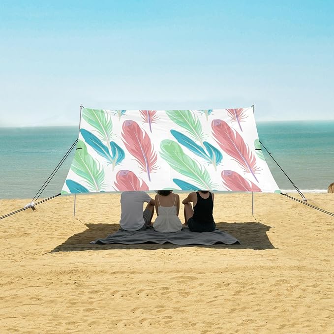 xigua Feathers Beach Tent Sun Shelter with Carrying Bag - Silver Coated Oxford Fabric Beach Canopy for Beach Camping Fishing - Includes Windproof Ropes Sandbags &amp Stakes
