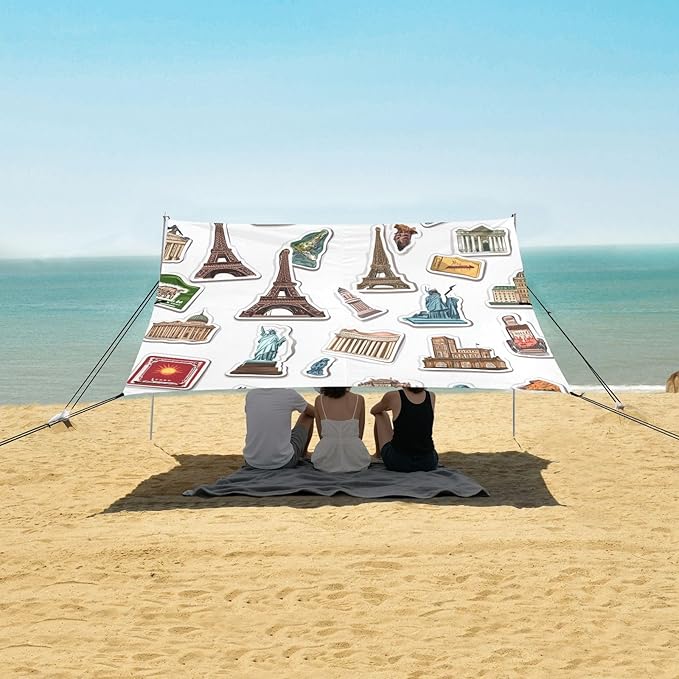 ALAZA Famouse Scenery Stickers Travel Beach Tent Sun Shelter UPF50+ Protection Beach Shade Canopy w/ 4 Sandbags for Outdoor Camping Fishing Backyard Fun Picnic 10x9 ft