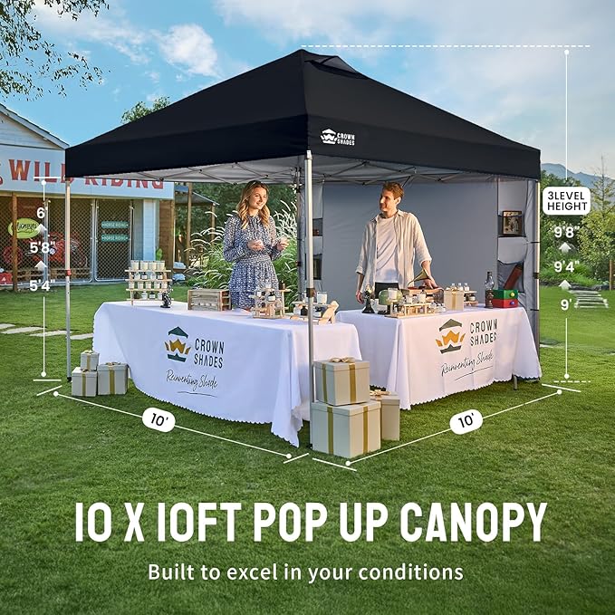 CROWN SHADES Canopy Tent 10 x 10 Foot Portable Pop Up Outdoor Shelter with Pocket Sidewall Push Center Lock UV Protection and Carry Bag Black