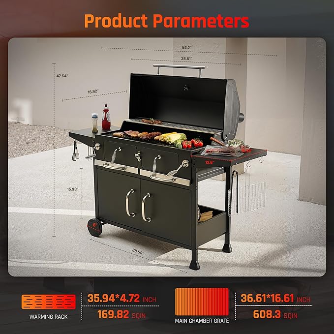 NATURAL EXPRESSIONS Charcoal Grills36 Outdoor Barbecue GrillHeavy Duty Dual-Zone Smoker Grill with 2 Lifting Charcoal TraysFoldable Side TablesOversized Cooking Area for bbqYardParty