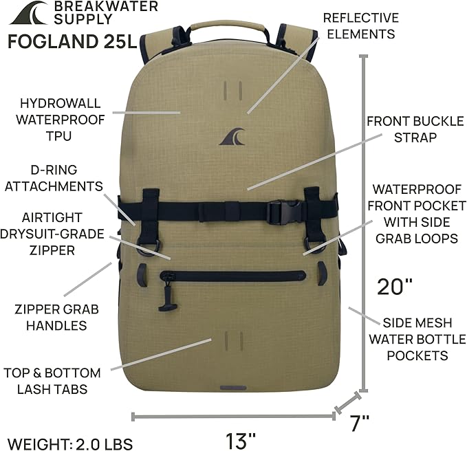 Breakwater Supply™ Fogland CORDURA Waterproof IP68 Submersible Backpack | Laptop Sleeve &amp Airtight Zippers for Outdoors Travel Hiking Fishing Floating Dry Bag Unisex TPU (Safari Tan 25L)