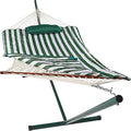 Sunnydaze Rope Hammock with Stand for Outside- 275-Pound Capacity - Includes 12-Foot Hammock Stand Spreader Bar Pad and Pillow - Green &amp White Stripe