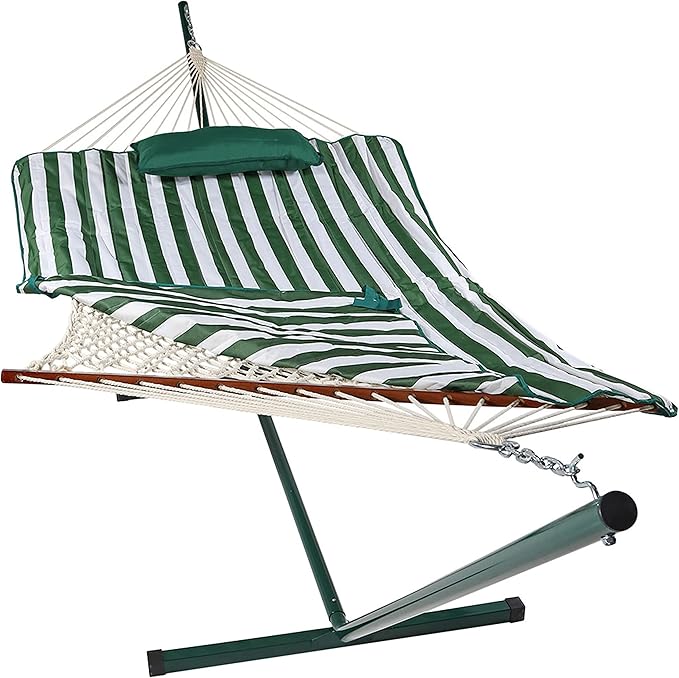 Sunnydaze Rope Hammock with Stand for Outside- 275-Pound Capacity - Includes 12-Foot Hammock Stand Spreader Bar Pad and Pillow - Green &amp White Stripe