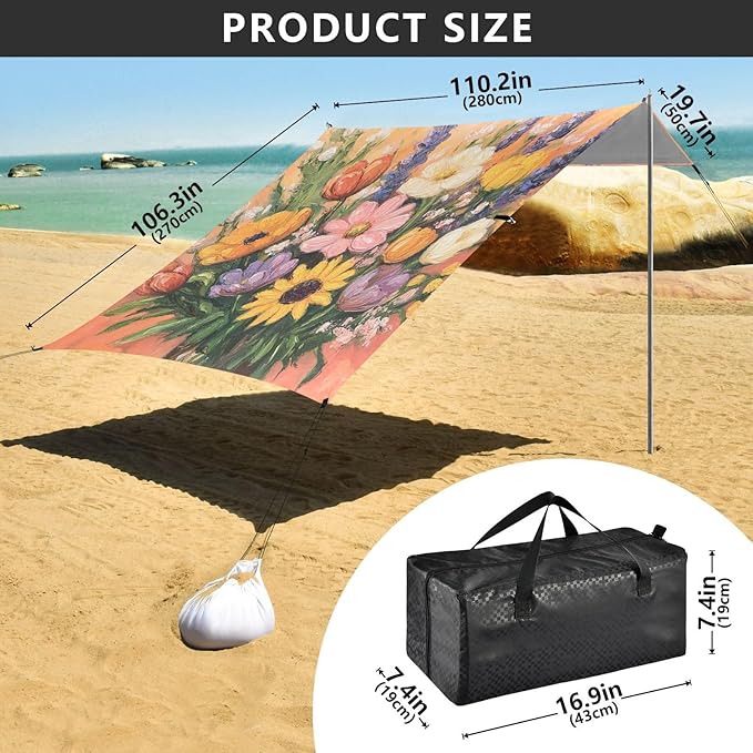 Spring Flowers Flower Bouquet Foldable Beach Tent UPF50+ Protection Waterproof Large Sun Shelter with Sand Shovel for Camping Picnics Backyard