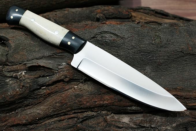 GCS Handmade D2 Tool Steel Bone Handle Hunting Skinning Camping Knife with Brown Leather Right or Left Hand Horizontal Fixed Blade Knife Sheath GCS207